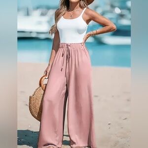 Long Length Elegant Wide Leg Pants - Soft Polyester, Fake Drawstring, Loose Fit